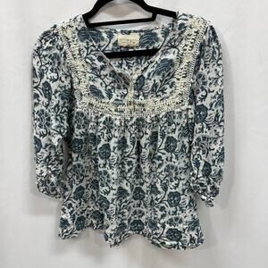 Denim & Supply Ralph Lauren White Teal Embroidery Top Babydoll 100% Cotton Small